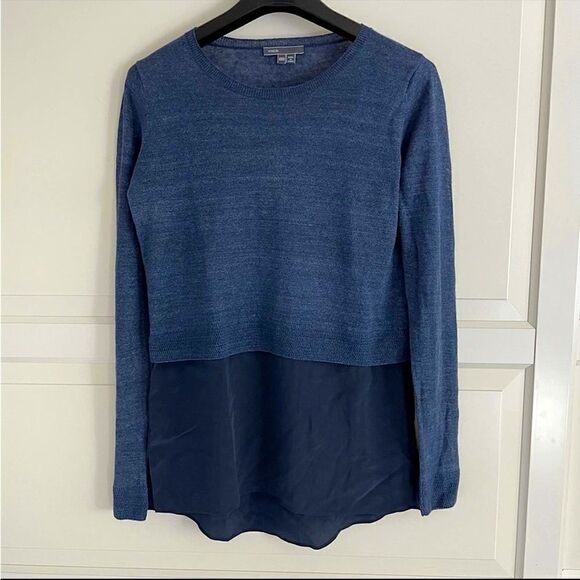 EUC Vince Linen Layered Mixed Media Tunic Pullover Sweater Size S Blue - Picture 1 of 6